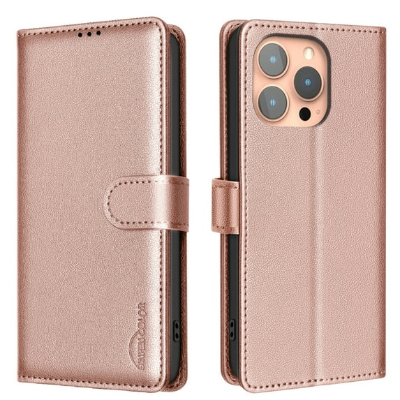 Allytechgroup Wallet Phone Case for iPhone 15 Pro Max, PU Leather Flip Phone Case with Credit Card Slot & kickstand Military Grade Drop Protection Slim Shockproof Back Cover for Women Men, Gold