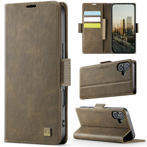 Allytechgroup Wallet Phone Case for iPhone 16 with Credit Card Slot, RFID Blocking PU Leather Flip Case with Kickstand Support Wireless Charging Shockproof Bumper for Women Men, Coffee