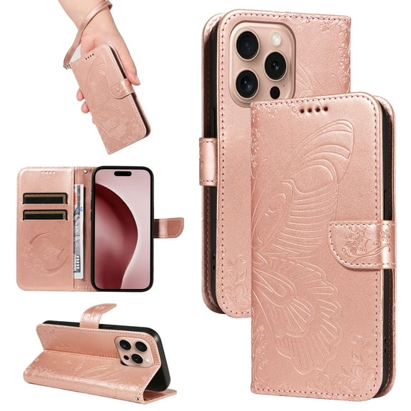 Allytechgroup Wallet Phone Case for iPhone 16 Pro with Credit Card Slot, PU Leather Flip Case with Lanyard for Women Girls Military Grade Drop Protection for iPhone 16 Pro, Rosegold