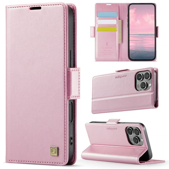 Allytechgroup Wallet Phone Case for iPhone 16 Pro with Credit Card Slot, RFID Blocking PU Leather Flip Case with Kickstand Support Wireless Charging Shockproof Bumper for Women Men, Rosegold