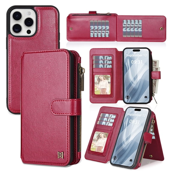 Allytechgroup Wallet Phone Case for iPhone 16 Pro with Credit Card Slot, RFID Blocking PU Leather Flip Case for Women Men with Kickstsnd Shockproof Bumper for iPhone 16 Pro, Red