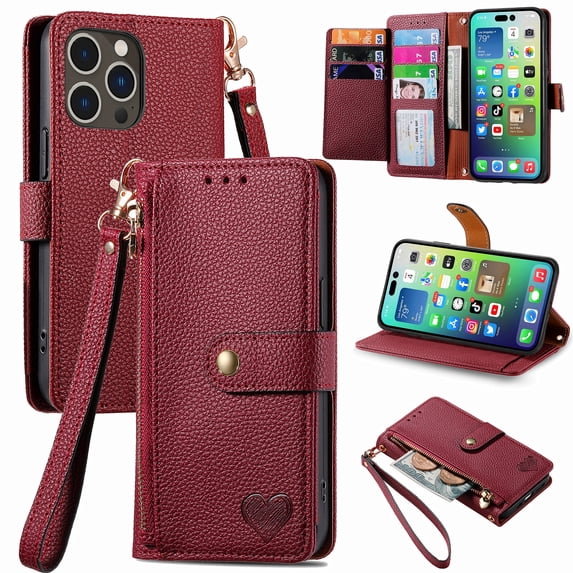Allytechgroup Wallet Phone Case for iPhone 16 Pro with Lanyard, PU Leather Flip Case with Credit Card Slot Anti-Scratch Shockproof Protective Back Cover for Apple iPhone 16 Pro, Red