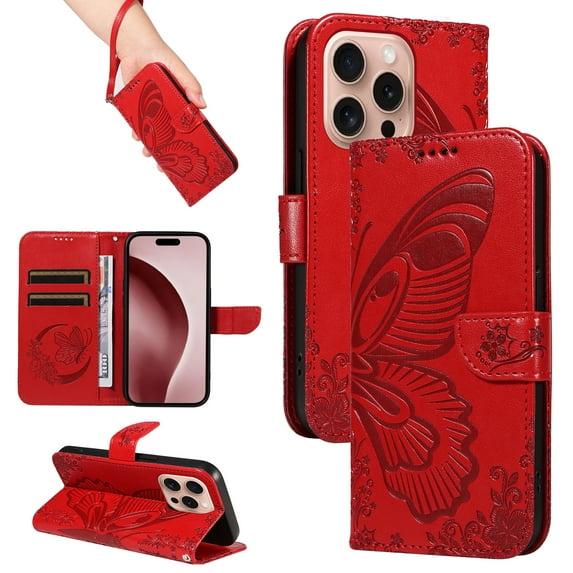 Allytechgroup Wallet Phone Case for iPhone 16 Pro Max with Credit Card Slot, PU Leather Flip Case with Lanyard for Women Girls Military Grade Drop Protection for iPhone 16 Pro Max, Red