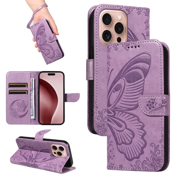 Allytechgroup Wallet Phone Case for iPhone 16 Pro Max with Credit Card Slot, PU Leather Flip Case with Lanyard for Women Girls Military Grade Drop Protection for iPhone 16 Pro Max, Purple