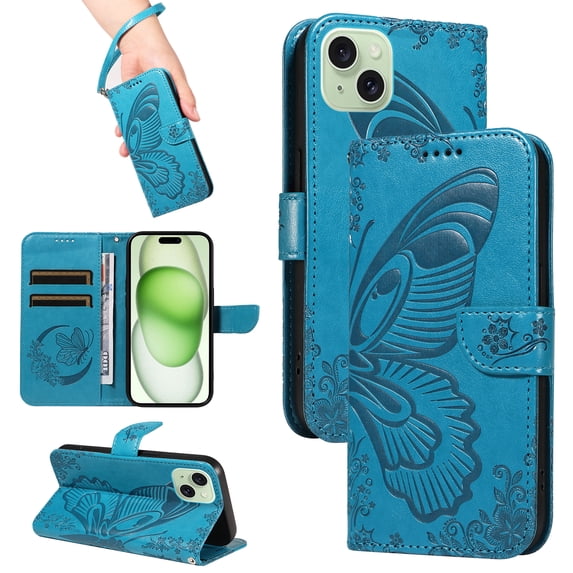 Allytechgroup Wallet Phone Case for iPhone 16e with Credit Card Slot, PU Leather Flip Case with Lanyard for Women Girls Military Grade Drop Protection for iPhone 16e, Blue