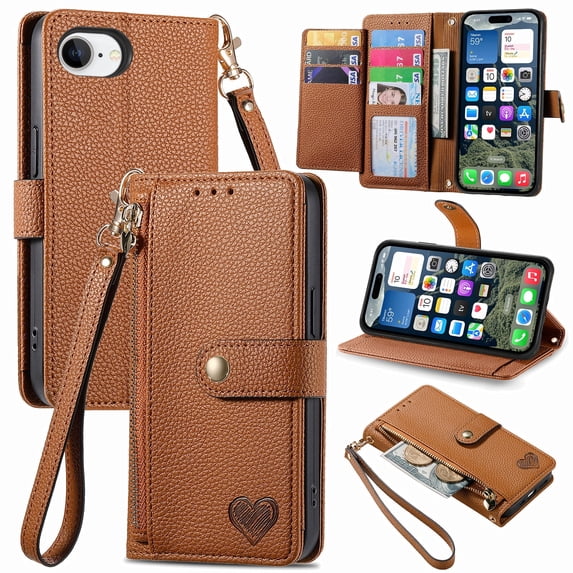 Allytechgroup Wallet Phone Case for iPhone 16e with Lanyard, PU Leather Flip Case with Credit Card Slot Anti-Scratch Shockproof Protective Back Cover for iPhone 16e, Brown