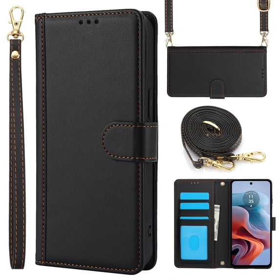 Allytechgroup Wallet Phone Case for iPhone XS/X, Built-in Credit Card Slot Shoulder Strap Wrtst Strap PU Leather RFID Blocking Shockproof Full Body Cover for Women Girls, Black