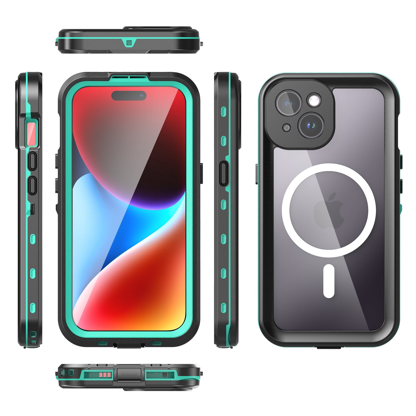 Allytechgroup Waterproof Case for iPhone 15, Full Body Protection Built-in Screen Protector MagSafe Wireless Charging Dustproof Shockproof Cover Case with Transparent PC, Grassblue