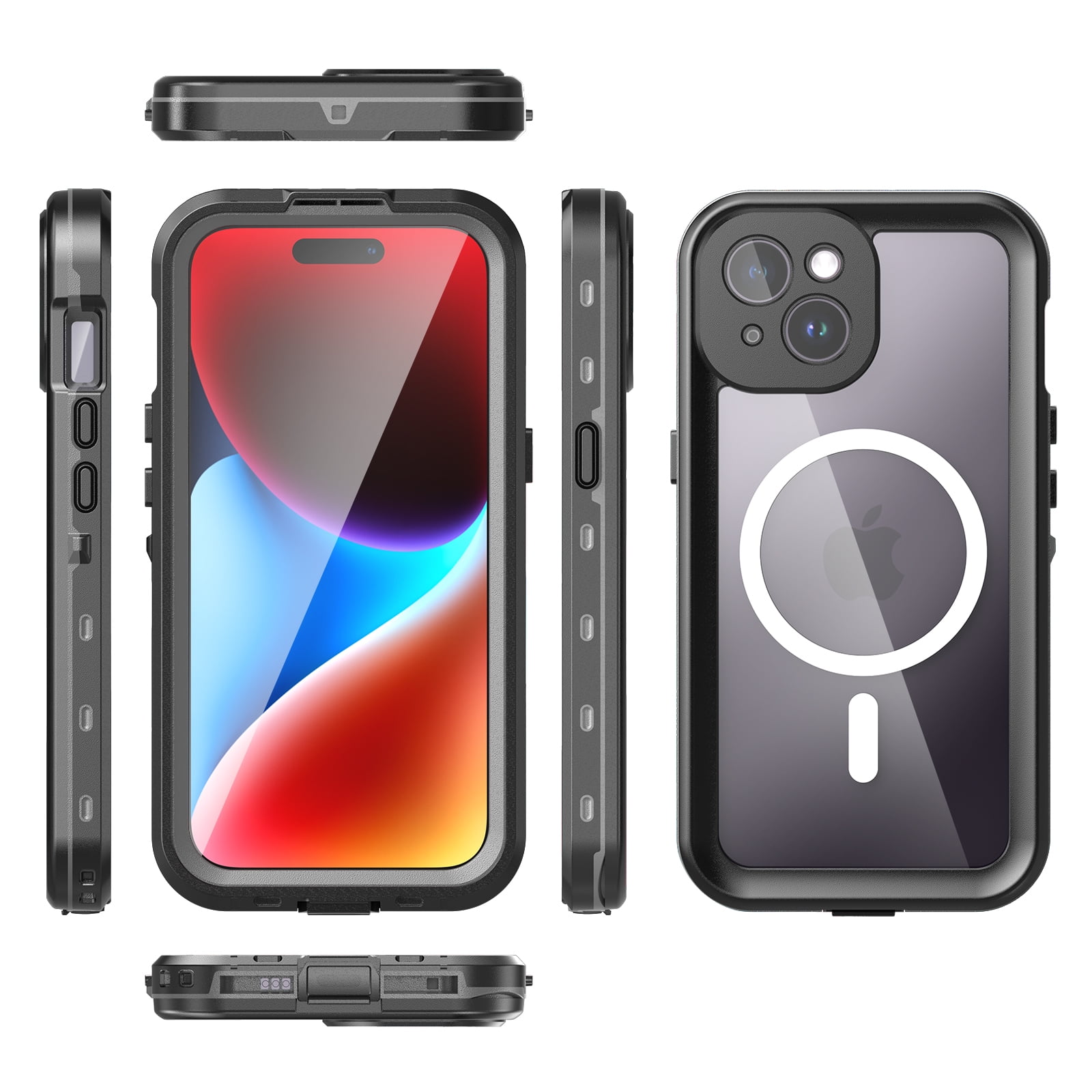 Allytechgroup Waterproof Case for iPhone 15, Full Body Protection Built-in Screen Protector MagSafe Wireless Charging Dustproof Shockproof Cover Case with Transparent PC, Black