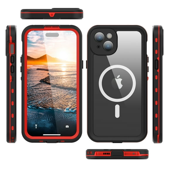 Allytechgroup Waterproof Case for iPhone 15 Plus, Full Body Protection Built-in Screen Protector MagSafe Wireless Charging Dustproof Shockproof Cover Case with Transparent PC, Red