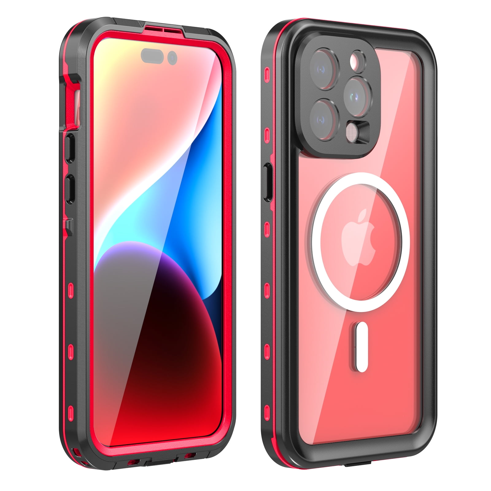 Allytechgroup Waterproof Case for iPhone 15 Pro Max, Full Body Protection Built-in Screen Protector MagSafe Wireless Charging Dustproof Shockproof Cover Case with Transparent PC, Red