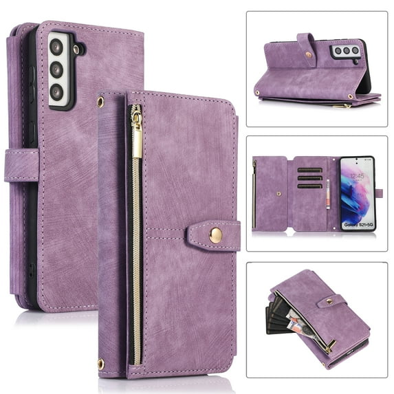 Allytechgroup Zipper Wallet Case for Samsung Galaxy S25+ with Wrist Strap & Shoulder Strap, Premium PU Leather Card Slots Kickstand Magnetic Clasp Shockproof Protective Cover Case, Purple