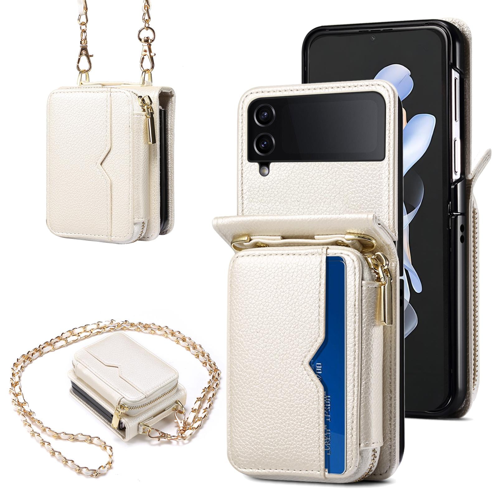 Allytechgroup Zipper Wallet Phone Case for Samsung Galaxy Z Flip 3, with Stylish Crossbody Strap Cards Slots RFID Blocking Shockproof Protective Luxury Case for Girls Women, White