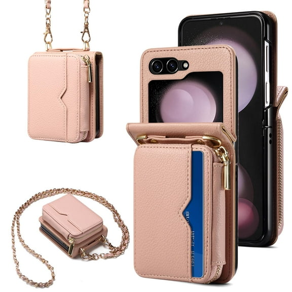Allytechgroup Zipper Wallet Phone Case for Samsung Galaxy Z Flip 6, with Stylish Crossbody Strap Cards Slots RFID Blocking Shockproof Protective Luxury Case for Girls Women, Pink