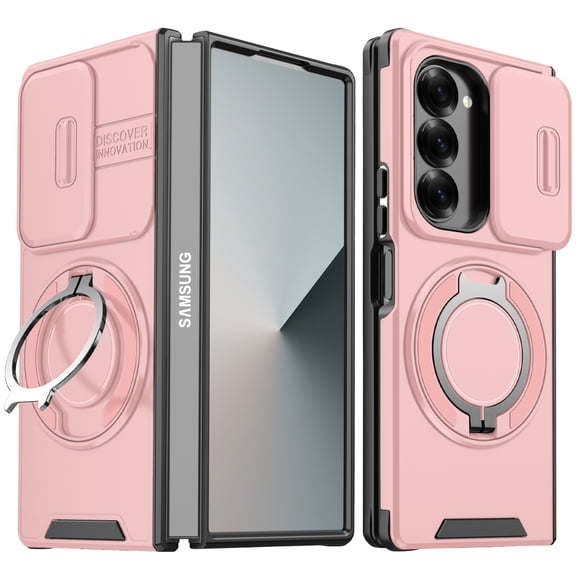 Allytechgroup for Samsung Galaxy Z Fold 6 Case with Stand, Slide Camera Cover Heavy Drop Shockproof Protective Cover for Women Men, Pink