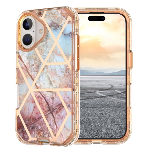Allytechgroup for iPhone 16 Case, 3 Layers Protection Slim Lightweight Shockproof Soft TPU & Hard Back Protective Bumper Cover Marble Shell, F