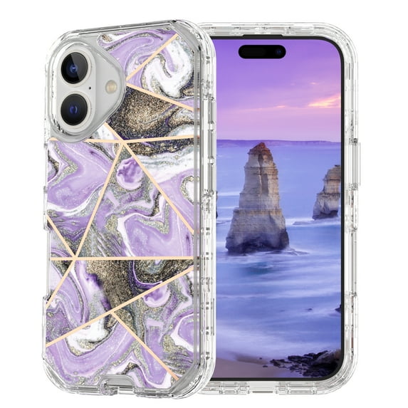 Allytechgroup for iPhone 16 Case, 3 Layers Protection Slim Lightweight Shockproof Soft TPU & Hard Back Protective Bumper Cover Marble Shell, H