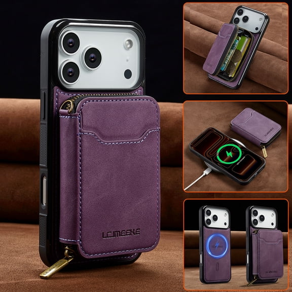Allytechgroup for iPhone 17 Pro Magnetic Wallet Case with RFID Card Holder, Detachable Zipper Pocket Back Cover Compatible with Magsafe, Purple