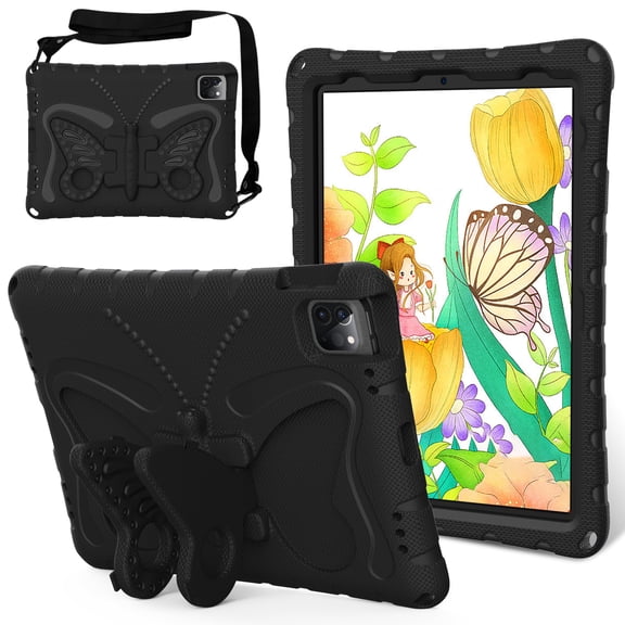 Allytechgroup iPad 10th Generation 10.9" Case for Kids, Butterfly Design Kids Friendly Shockproof Kickstand EVA Shoulder Strap Bumper Lightweight Case for Apple iPad 10.9" 2022 10th Gen, Black