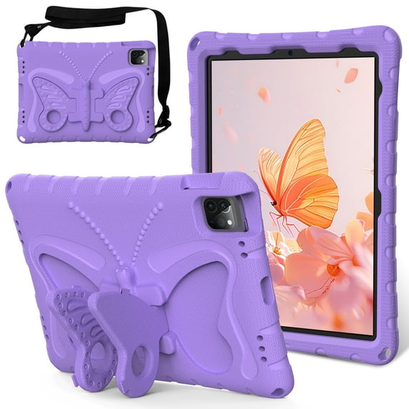 Allytechgroup iPad 10th Generation 10.9" Case for Kids, Butterfly Design Kids Friendly Shockproof Kickstand EVA Shoulder Strap Bumper Lightweight Case for Apple iPad 10.9" 2022 10th Gen, Lightpurple