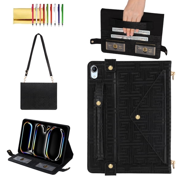 Allytechgroup for iPad 11/10.9 inch Case 2025/2022, Folio Stand PU Leather Crossbody iPad 11th/10th Gen Cover with Pencil Holder+Card Slots Wallet Case with Shoulder Strap for Women Girls, Black