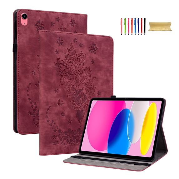Allytechgroup iPad 11th Gen 11" Case 2025, iPad 10th Gen 10.9" Case 2022, Embossed Rose & Butterfly Flip Cover Stand Auto Sleep Wake Protective Shockproof Case Shell for Apple iPad 11/ iPad 10,Red