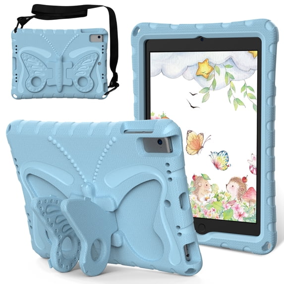 Allytechgroup iPad 6th 5th Gen Case, iPad Air 1 2 Case, Butterfly Design Kids Friendly Shockproof Kickstand EVA Shoulder Strap Bumper Lightweight Case for Apple iPad 9.7" 2017/2018, Lightblue