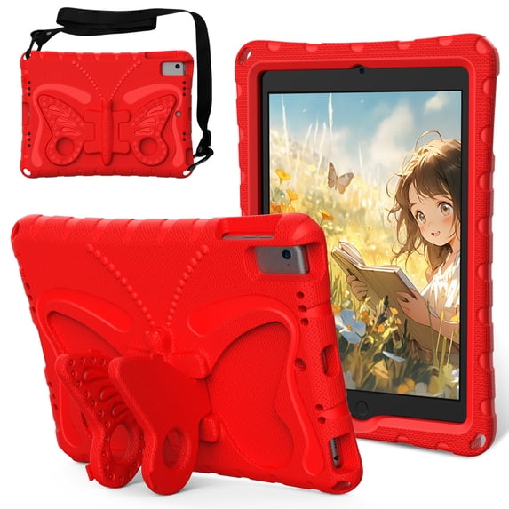 Allytechgroup iPad 6th 5th Gen Case, iPad Air 1 2 Case, Butterfly Design Kids Friendly Shockproof Kickstand EVA Shoulder Strap Bumper Lightweight Case for Apple iPad 9.7" 2017/2018, Red