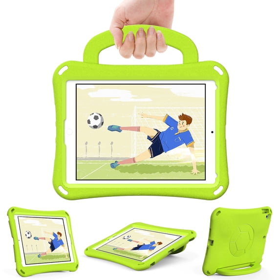 Allytechgroup iPad 9.7" 5th 6th Gen Case, iPad Air 1 2 Case, Kids Friendly Shockproof EVA Rubber Hand Stand Cute Football Design Bumper Lightweight Case Cover for Apple iPad 2017/2018, Grassgreen