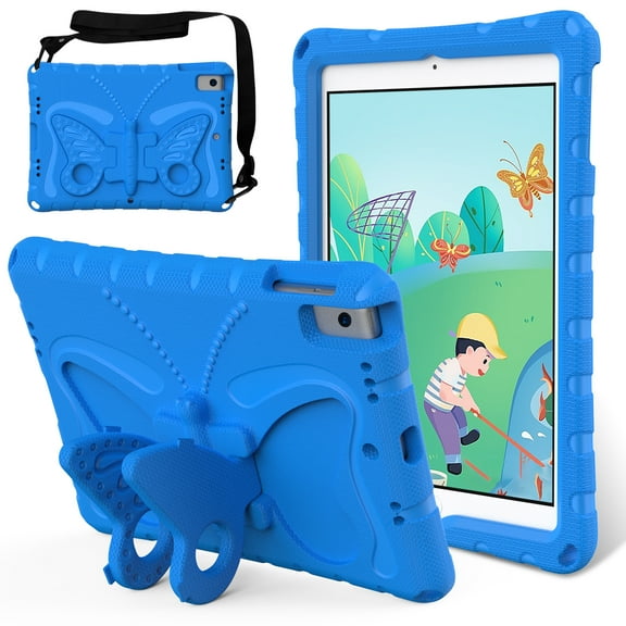 Allytechgroup iPad 9th 8th 7th Gen Case 10.2", Butterfly Design Kids Friendly Shockproof Kickstand EVA Shoulder Strap Bumper Lightweight Case for Apple iPad 10.2" 202021/2020/2019, Blue