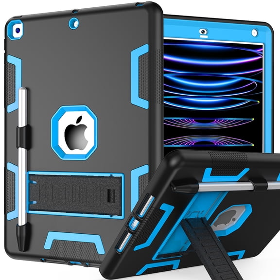 Allytechgroup for iPad 9th/8th/7th Generation Case Cover, Rugged Protective Shock-Absorbent PC+TPU, Built-in Kickstand & Pencil Holder Case for iPad 10.2" 2021/2020/2019, Blackblue
