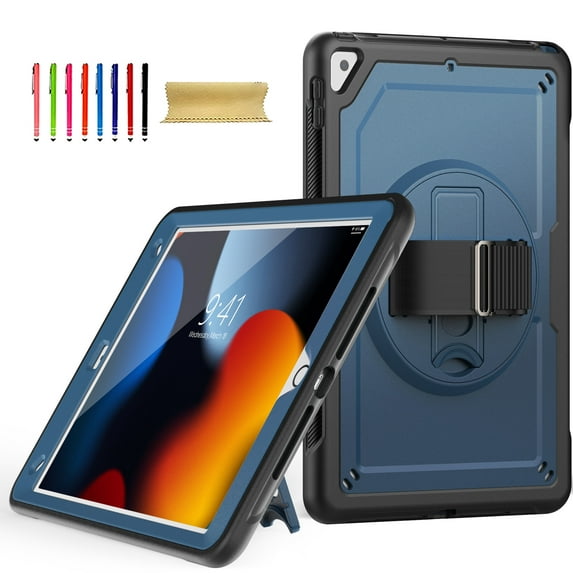 Allytechgroup iPad 9th 8th 7th Generation Case, Rotating Kickstand Shockproof Hand Strap + Shoulder Strap Drop Protection Rugged Case for iPad 10.2" 9th 8th 7th Gen 2021/2020/2019,Navyblue