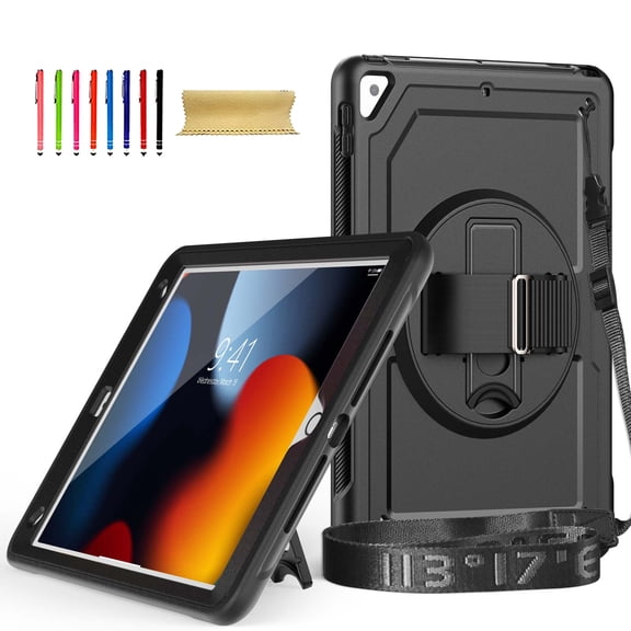 Allytechgroup iPad 9th 8th 7th Generation Case, Rotating Kickstand Shockproof Hand Strap + Shoulder Strap Drop Protection Rugged Case for iPad 10.2" 9th 8th 7th Gen 2021/2020/2019,Black