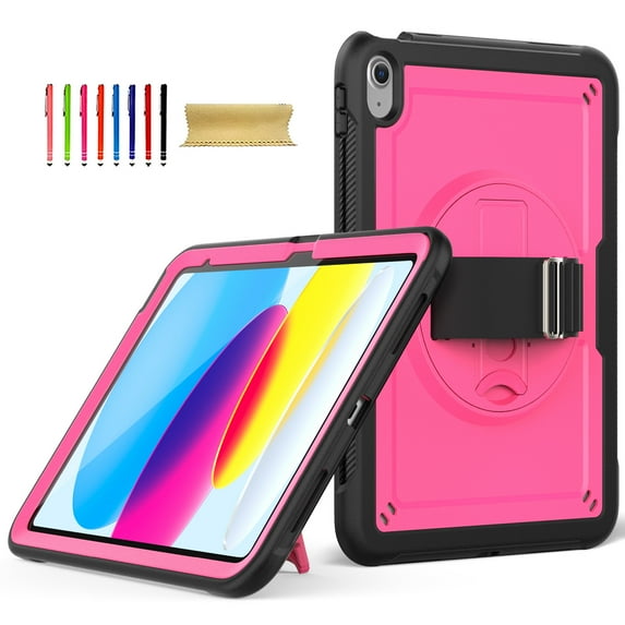 Allytechgroup iPad A16 Case 11" 11th Gen 2025, iPad 10th Gen Case 10.9" 2022, Rotating Kickstand Shockproof Hand Strap + Shoulder Strap Drop Protection Rugged Case for iPad 11th 10th Gen,Rose