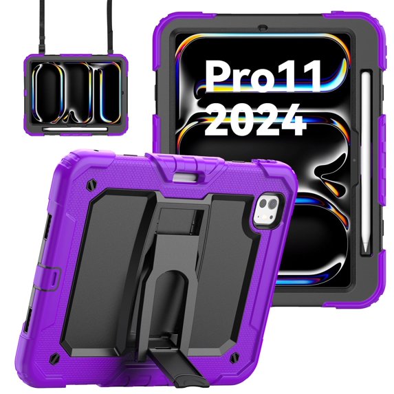 Allytechgroup 10.9" Rugged Bumper Tablet Case with Screen Protector, Kickstand, Shoulder Strap, Purple