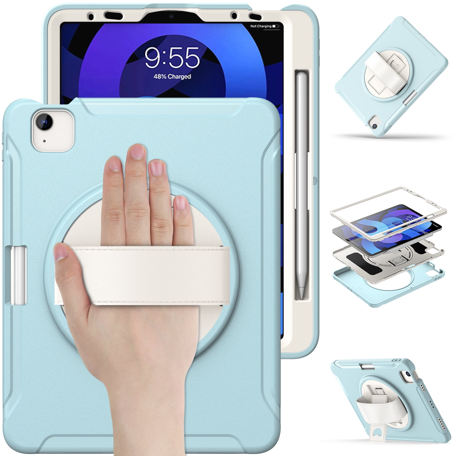 For iPad Air 11 Inch 2026/2025/2024 Case with Pencil Holder, Military Grade Shockproof Kickstand Handle Strap Anti-Scratch Kids Friendly Bumper Tablet Case Cover for Apple iPad Air 11" M4 M3 M2