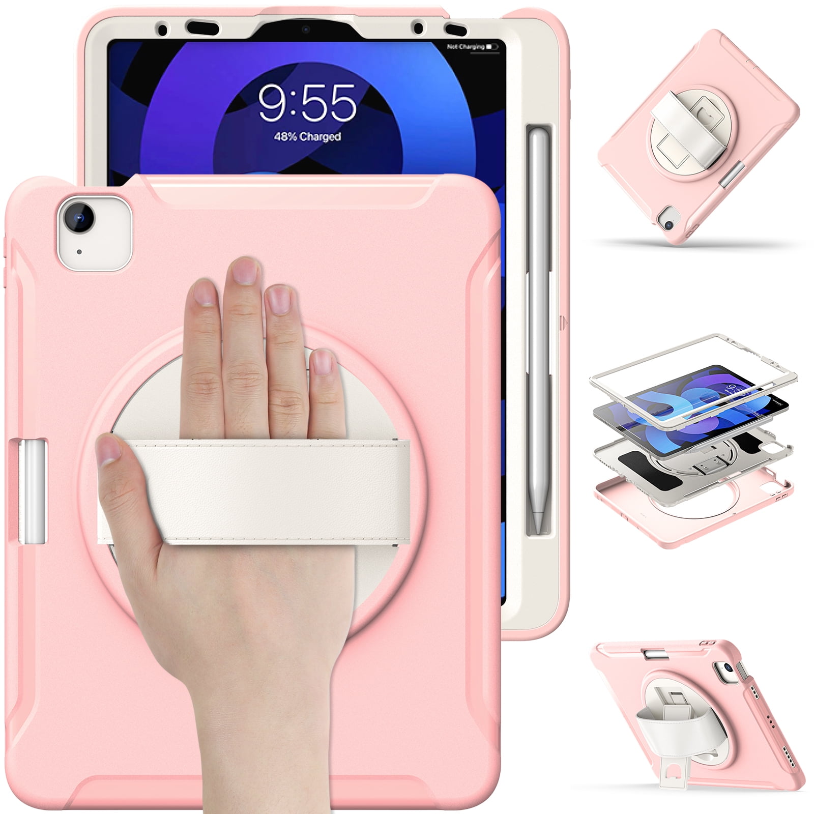 For iPad Air 11 Inch 2026/2025/2024 Case with Pencil Holder, Military Grade Shockproof Kickstand Handle Strap Anti-Scratch Kids Friendly Bumper Tablet Case Cover for Apple iPad Air 11" M4 M3 M2
