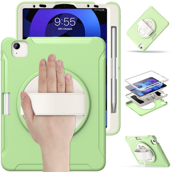 For iPad Air 11 Inch 2026/2025/2024 Case with Pencil Holder, Military Grade Shockproof Kickstand Handle Strap Anti-Scratch Kids Friendly Bumper Tablet Case Cover for Apple iPad Air 11" M4 M3 M2