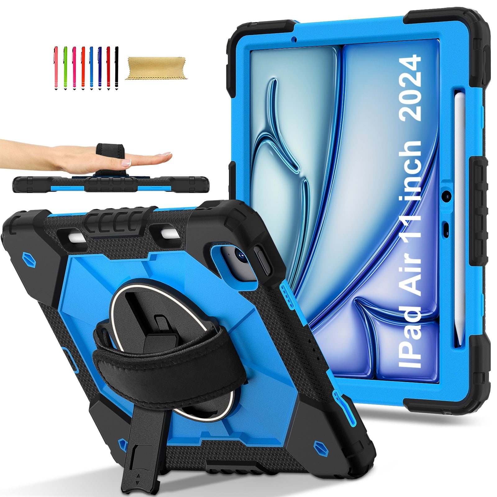 Allytechgroup iPad Air 11 Inch M4 M3 M2 2026 2025 2024 Case Cover with Pencil Holder, Rugged Heavy Duty Protection with Kickstand & Hand Strap Shockproof Kids Friendly Case for Apple iPad Air 11"