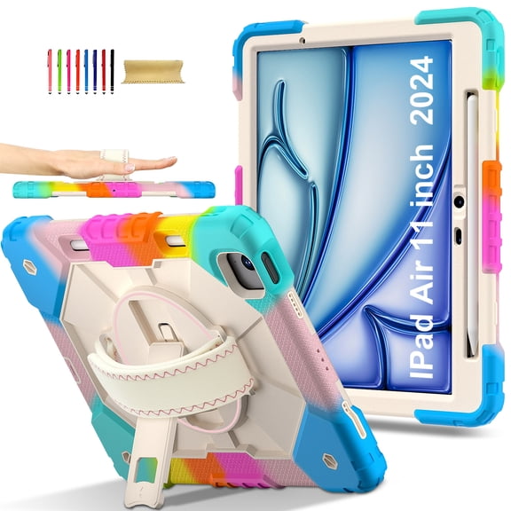 Allytechgroup iPad Air 11 Inch M4 M3 M2 2026 2025 2024 Case Cover with Pencil Holder, Rugged Heavy Duty Protection with Kickstand & Hand Strap Shockproof Kids Friendly Case for Apple iPad Air 11"