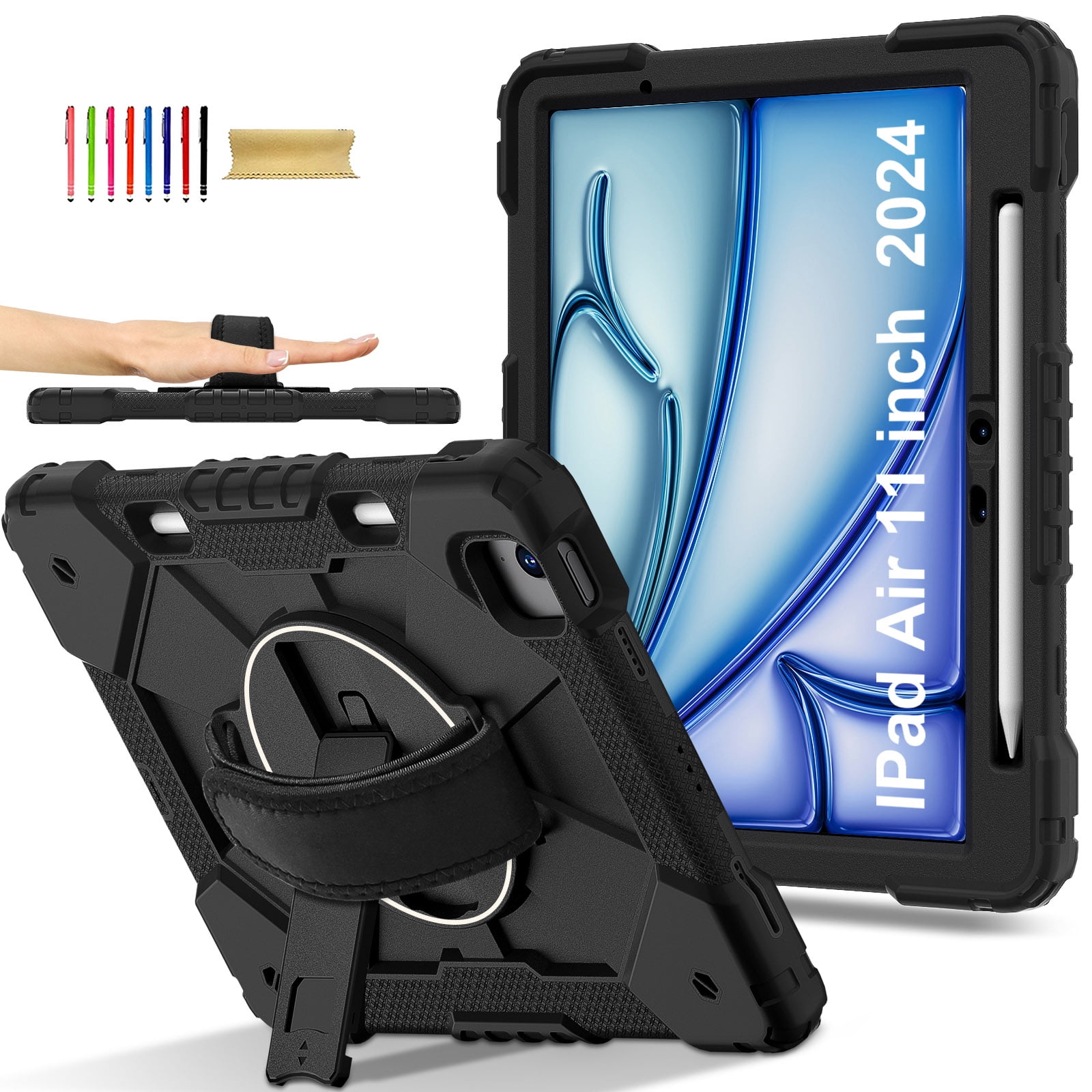 Allytechgroup iPad Air 11 Inch M4 M3 M2 2026 2025 2024 Case Cover with Pencil Holder, Rugged Heavy Duty Protection with Kickstand & Hand Strap Shockproof Kids Friendly Case for Apple iPad Air 11"