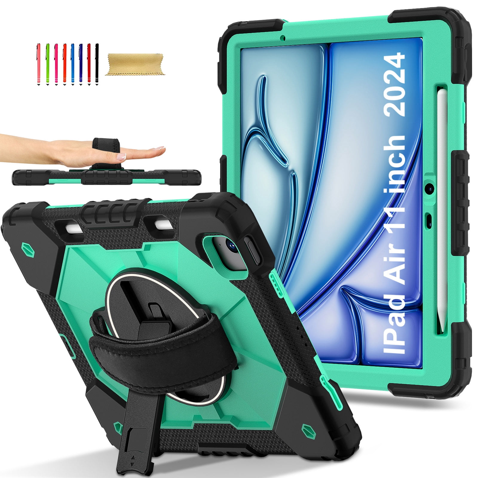 Allytechgroup iPad Air 11 Inch M4 M3 M2 2026 2025 2024 Case Cover with Pencil Holder, Rugged Heavy Duty Protection with Kickstand & Hand Strap Shockproof Kids Friendly Case for Apple iPad Air 11"