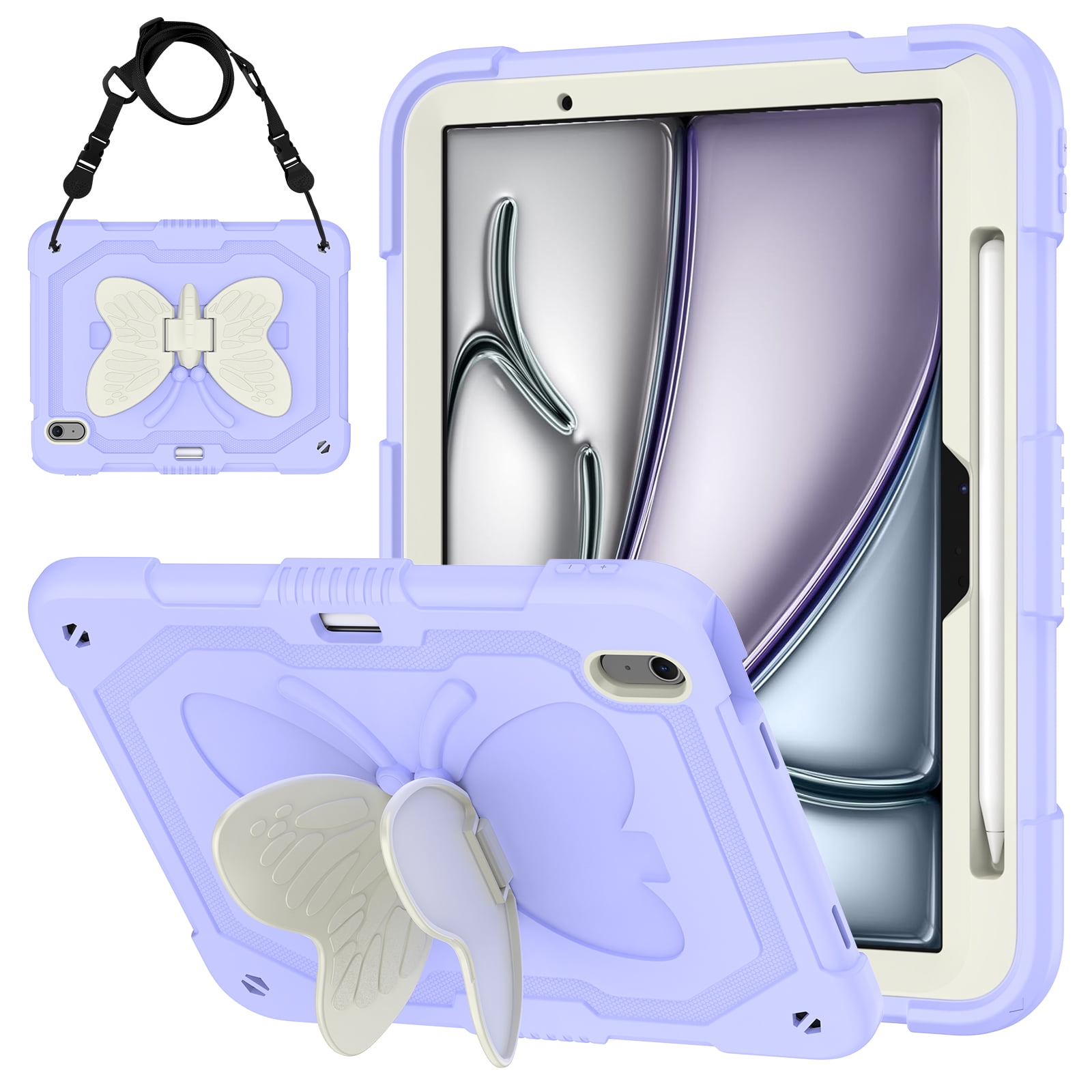 For iPad Air 11 M4 M3 M2 2026 2025 2024 Case, Cute Butterfly Design Heavy Duty Shockproof Shoulder Strap Pencil Holder Kickstand Bumper Kids Friendly Rugged Case for Apple iPad Air 11", Purple+Beige
