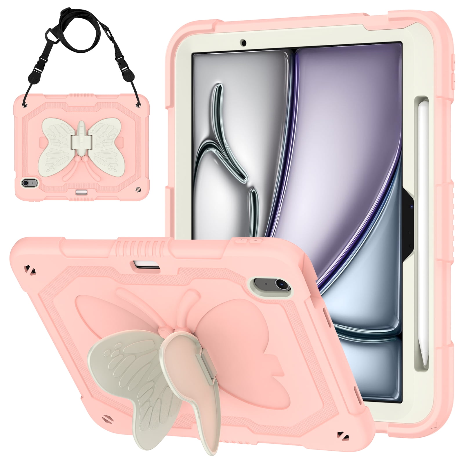 For iPad Air 11 M4 M3 M2 2026 2025 2024 Case, Cute Butterfly Design Heavy Duty Shockproof Shoulder Strap Pencil Holder Kickstand Bumper Kids Friendly Rugged Case for Apple iPad Air 11", Pink+Beige