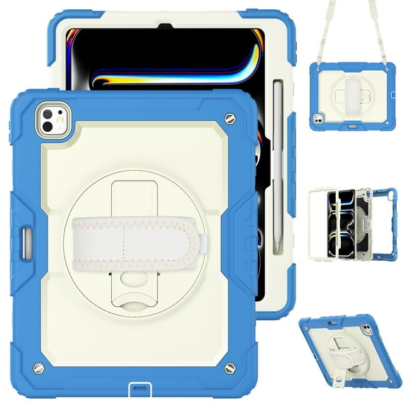 Allytechgroup iPad Air 11 M3 M2 2025 2024 Case with Screen Protector Shoulder Strap, Heavdy Duty Shockproof Protective Kickstand Handle Rugged Case Cover for Apple iPad Air 11 Inch, Blue
