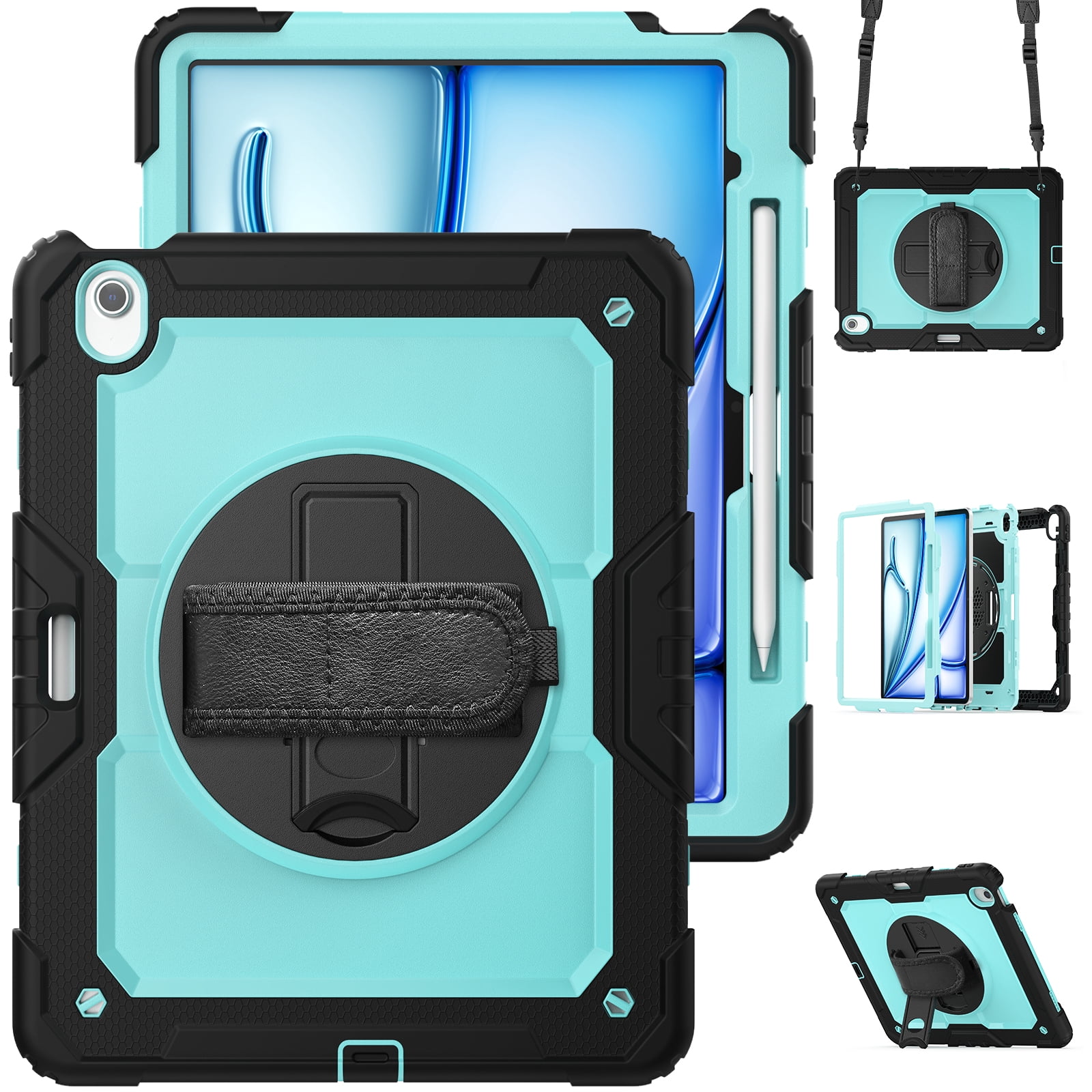 Allytechgroup iPad Air 13 2024 Case with Screen Protector / Shoulder Strap/ Pencil Holder, Heavy Duty Shockproof Rugged Handle Kickstand Bumper Case Cover for Apple iPad Air 13 Inch 2024 M2,Skyblue