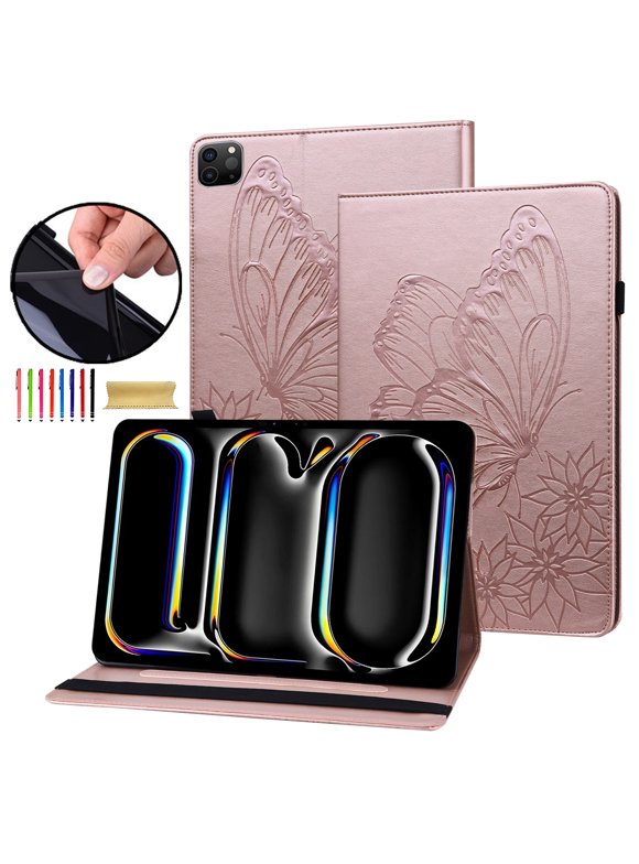Allytechgroup iPad Air 13 Case Cover, Stylish Big Butterfly Design PU Leather Smart Cover Auto Sleep Wake Pencil Holder Flip Stand Shockproof Bumper Case for Apple iPad Air 13" 2024 M2, Rosegold