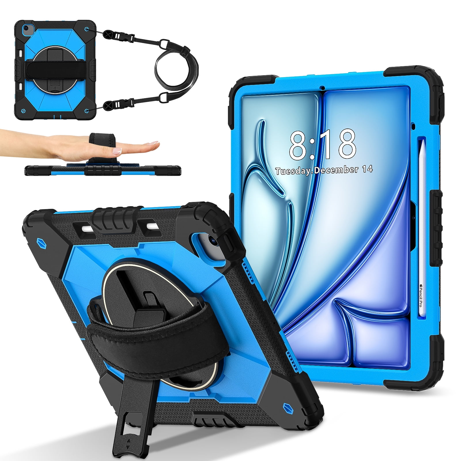 Allytechgroup iPad Air 13 Inch 2024 Case Cover with Pencil Holder, Rugged Protection with Kickstand & Hand Strap Heavy Duty Shockproof Kids Friendly Case for Apple iPad Air 13 M2 2024, Blue