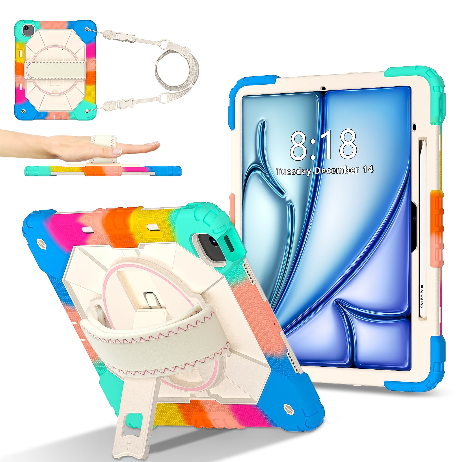 Allytechgroup iPad Air 13 Inch 2024 Case Cover with Pencil Holder, Rugged Protection with Kickstand & Hand Strap Heavy Duty Shockproof Kids Friendly Case for Apple iPad Air 13 M2 2024, Colorful Blue