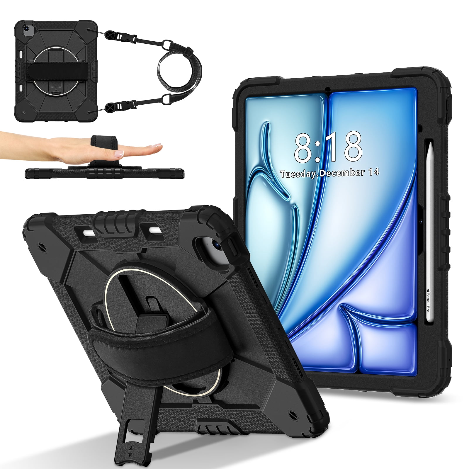Allytechgroup iPad Air 13 Inch 2024 Case Cover with Pencil Holder, Rugged Protection with Kickstand & Hand Strap Heavy Duty Shockproof Kids Friendly Case for Apple iPad Air 13 M2 2024, Black